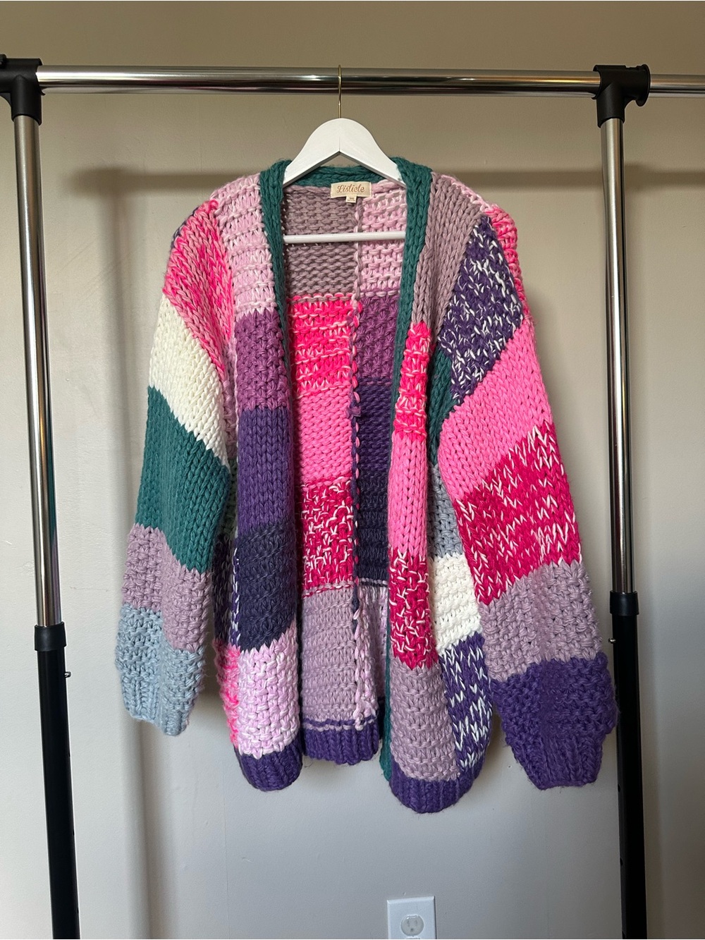 Listicle Pink, Purple & Green Patchwork Chunky Cardigan